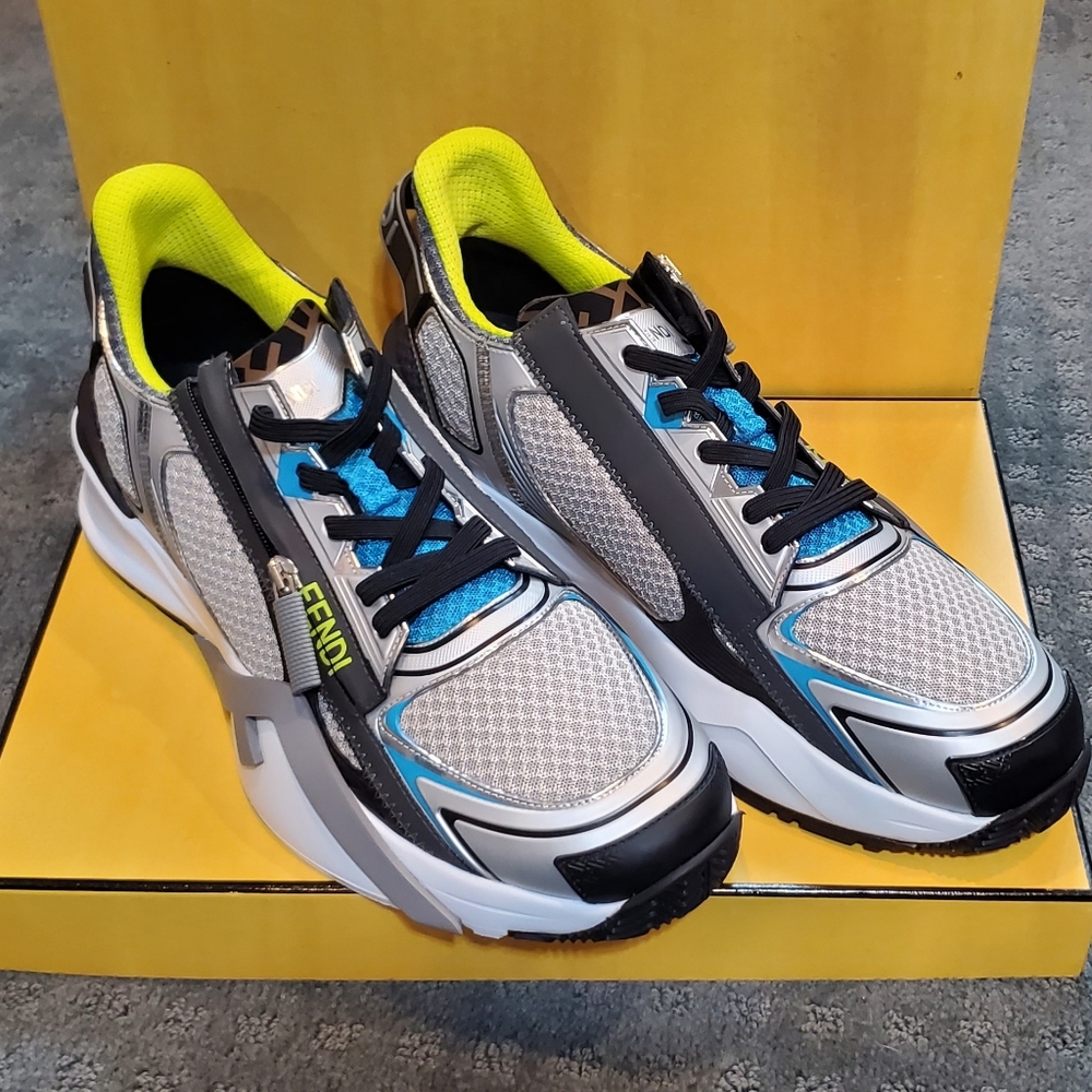 New Fendi Flow Sneakers – Silver/Blue/Neon – Men’s US 12, UK 11